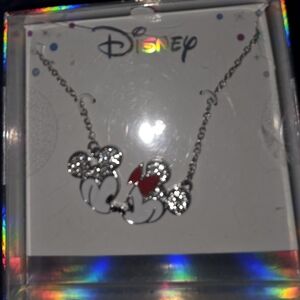 Disney Silver Minnie & Mickey Necklace with Red Heart Accent